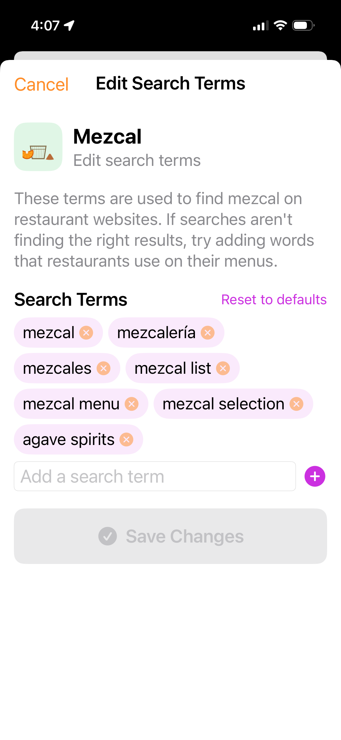 The search terms customization page for a category