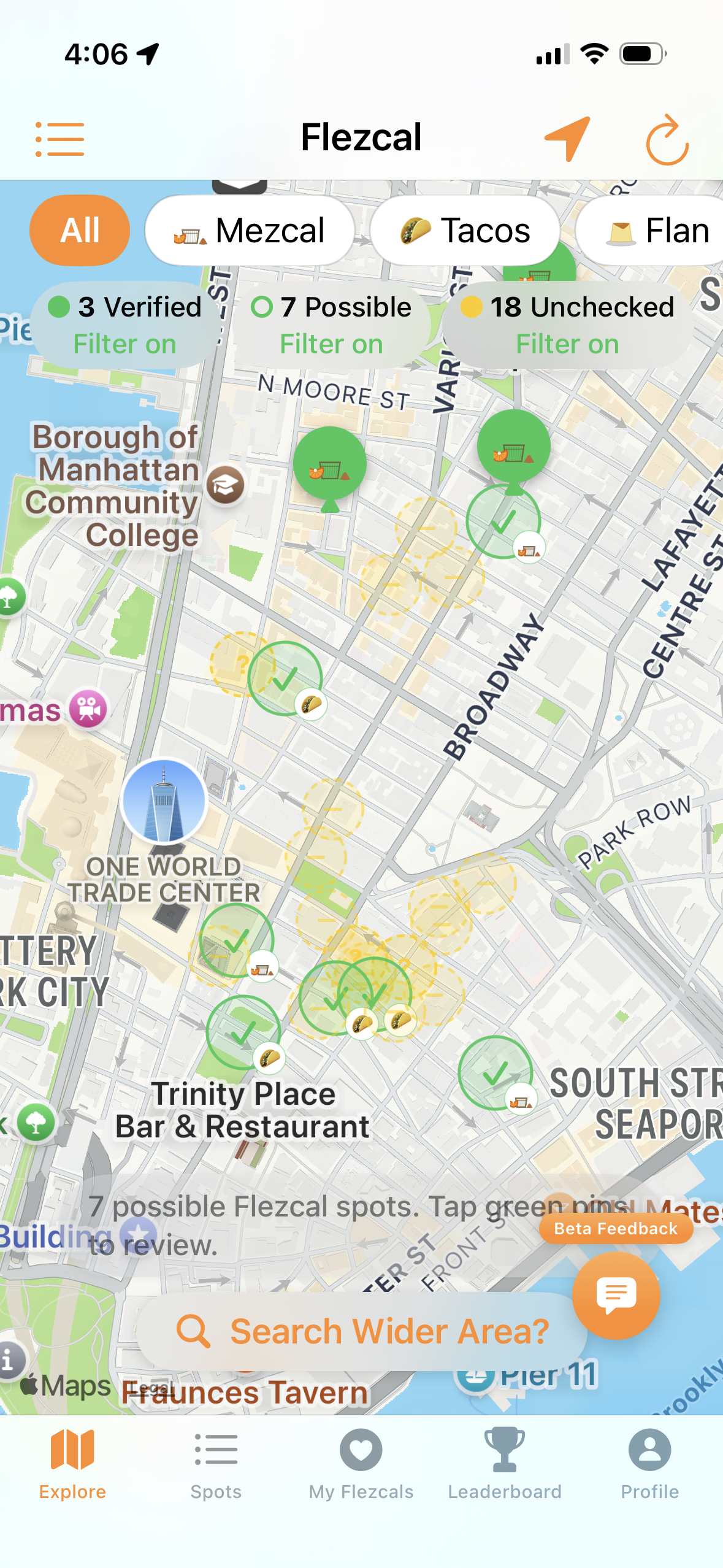 The map showing green ghost pins with filter buttons at the top