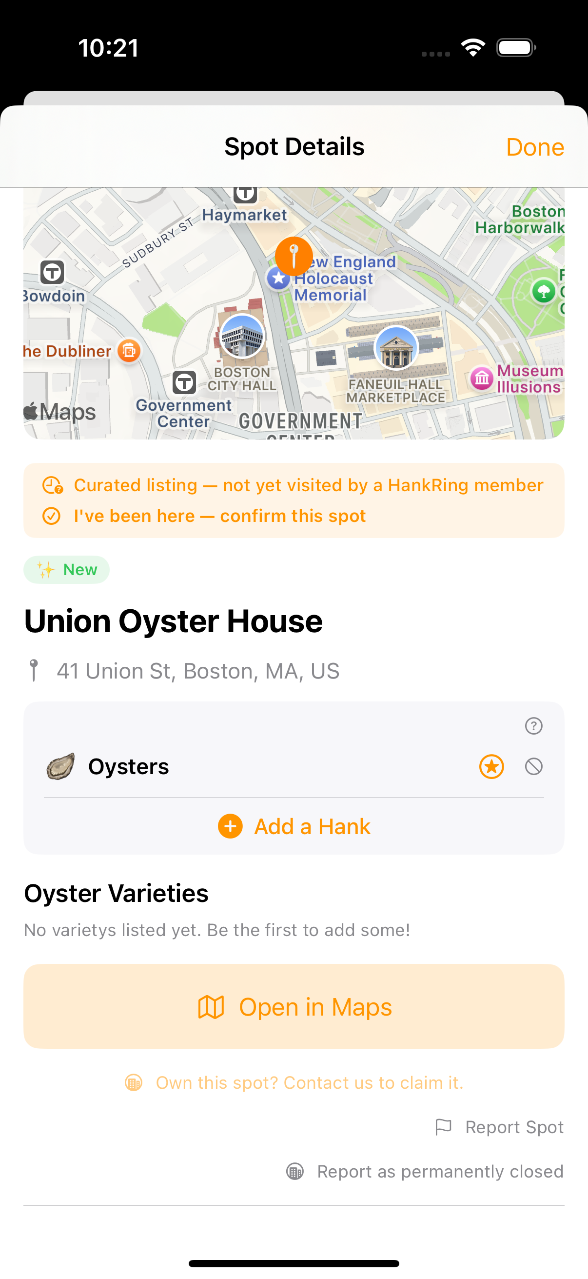 Spot detail sheet with ratings, categories, and offerings